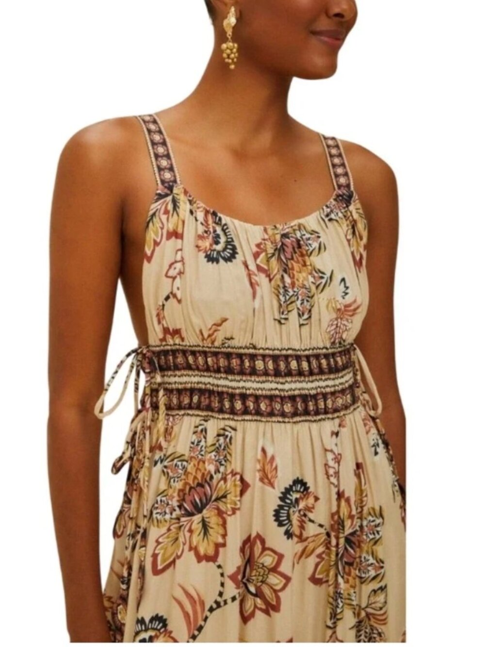 FARM Rio Aura Floral Beige/Creme/Brown Sleeveless Maxi Dress Size Large NWT